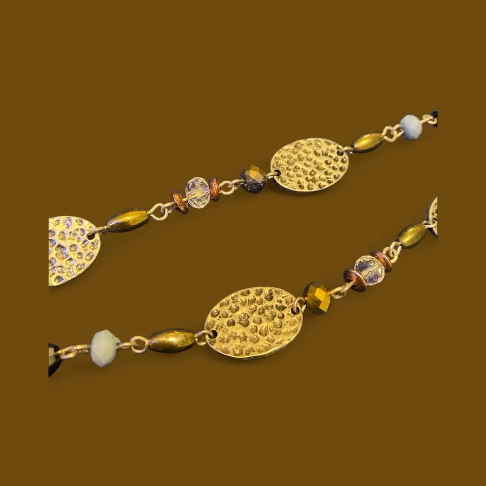 Estate Necklace |Hammered Gold Disc Beaded Chain Mixed Glass & Metal Boho Style